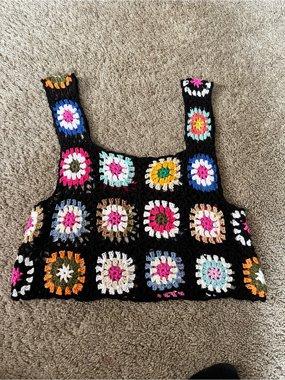 Black Crochet Square Patch Tank Top with Multicolor Flowers